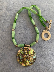 Green Goddess Mother of Pearl Pendant w/ glass beads