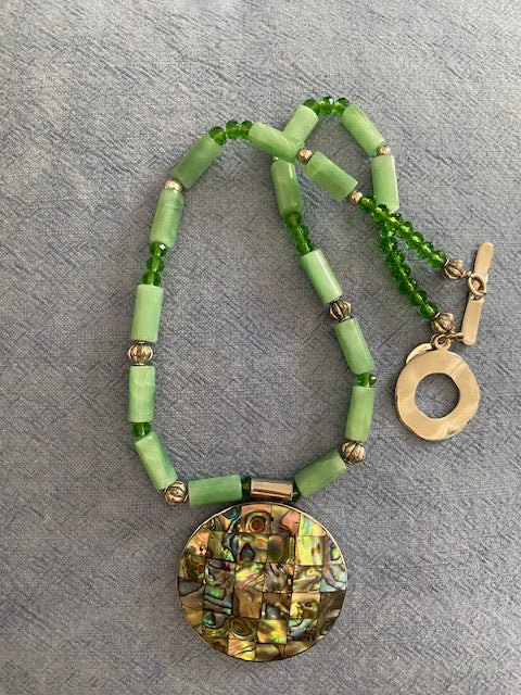 Green Goddess Mother of Pearl Pendant w/ glass beads