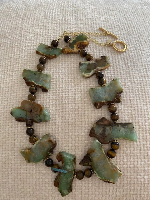 Magnificent Statement Chrysoprase and Tigers Eye Necklace