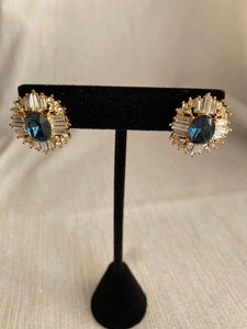 Vintage Bluish Green Austrian Crystal with Gold Accents Earrings