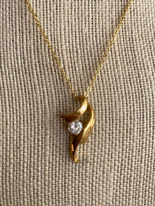 Vintage Dainty Gold Necklace w/ Crystal Pendant