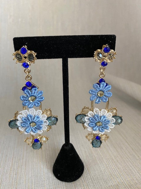 Baby Blue Drop Embroidered Flowers Earrings