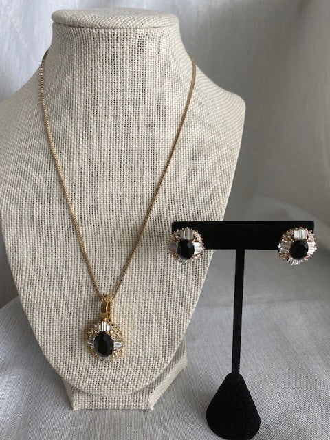 Vintage Black Austrian Crystal with Gold Accents Earrings