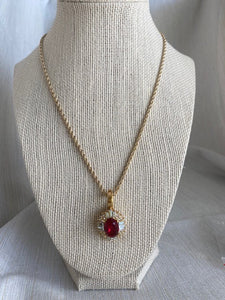 Vintage Ruby Red Pendant with Crystal Accents Necklace