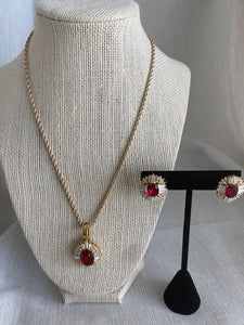 Vintage Ruby Red Pendant with Crystal Accents Necklace