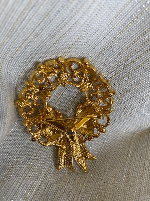 Christmas Gold with Crystals Wreath Pin