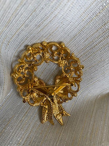 Christmas Gold with Crystals Wreath Pin