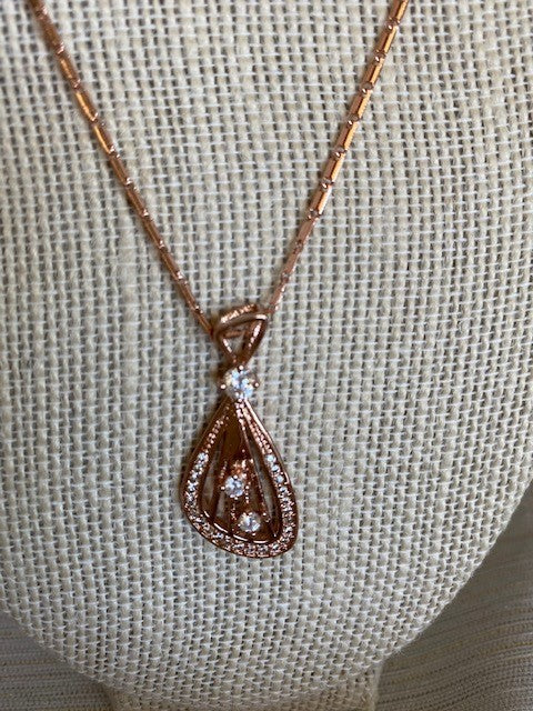 Rose Gold  Lovers Tear Drop Pendant w/Crystal Accents