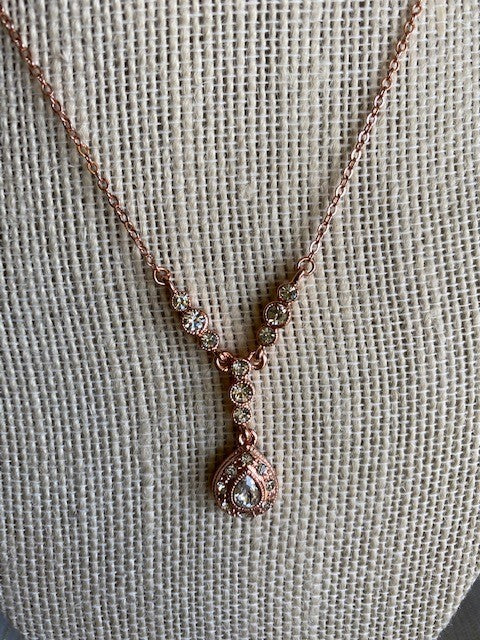 Rose Gold Tear Drop w/ Crystals Necklace