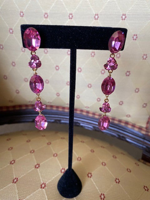 Vintage - Fuchsia Crystal Flower Dangly Earrings