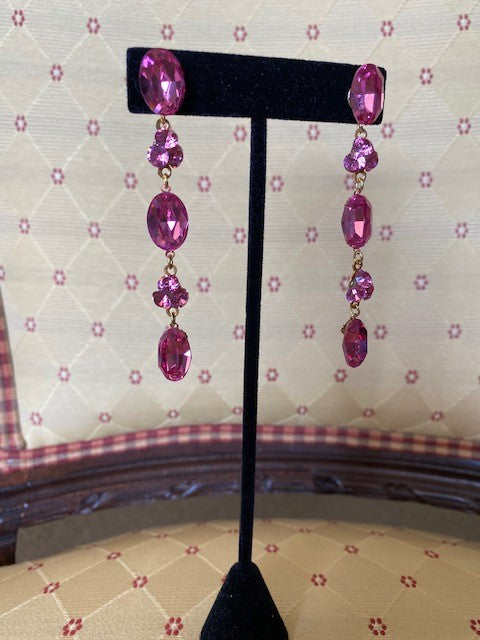 Vintage - Fuchsia Crystal Flower Dangly Earrings