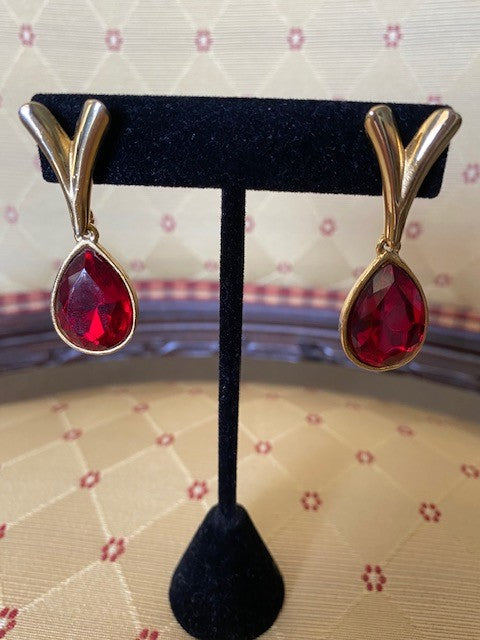 Vintage Ruby Red Earrings w/ Gold accents